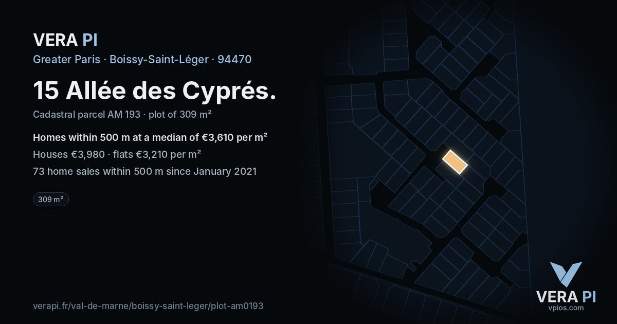 15 Allée des Cyprés, Boissy-Saint-Léger at night – the plot lit, the parcels around coloured by the prices near them