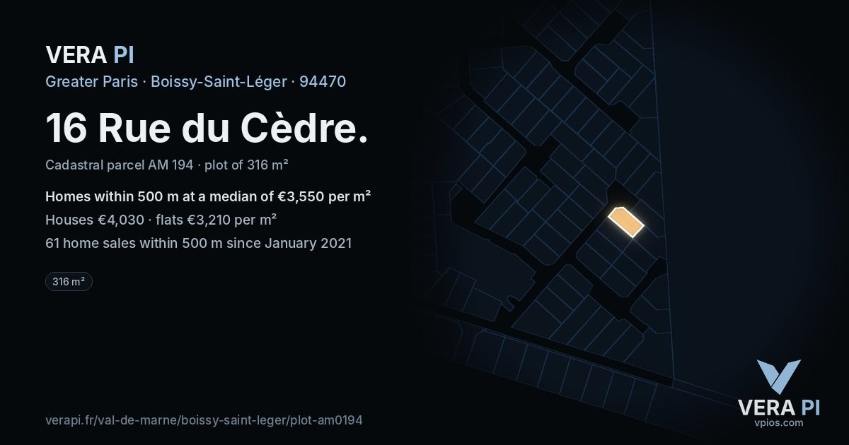 16 Rue du Cèdre, Boissy-Saint-Léger at night – the plot lit, the parcels around coloured by the prices near them