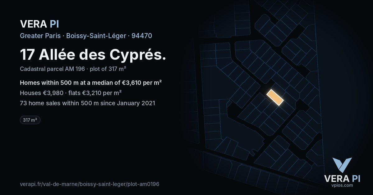 17 Allée des Cyprés, Boissy-Saint-Léger at night – the plot lit, the parcels around coloured by the prices near them