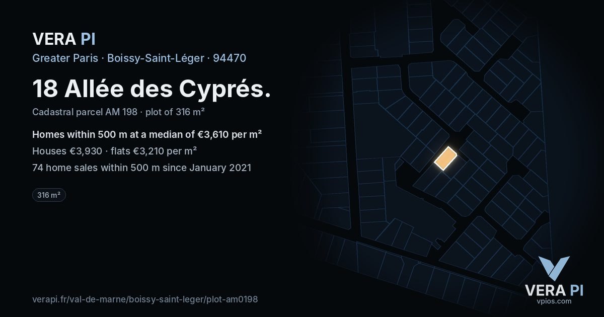18 Allée des Cyprés, Boissy-Saint-Léger at night – the plot lit, the parcels around coloured by the prices near them