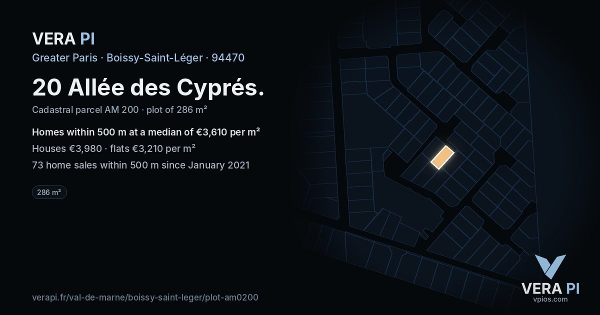 20 Allée des Cyprés, Boissy-Saint-Léger at night – the plot lit, the parcels around coloured by the prices near them