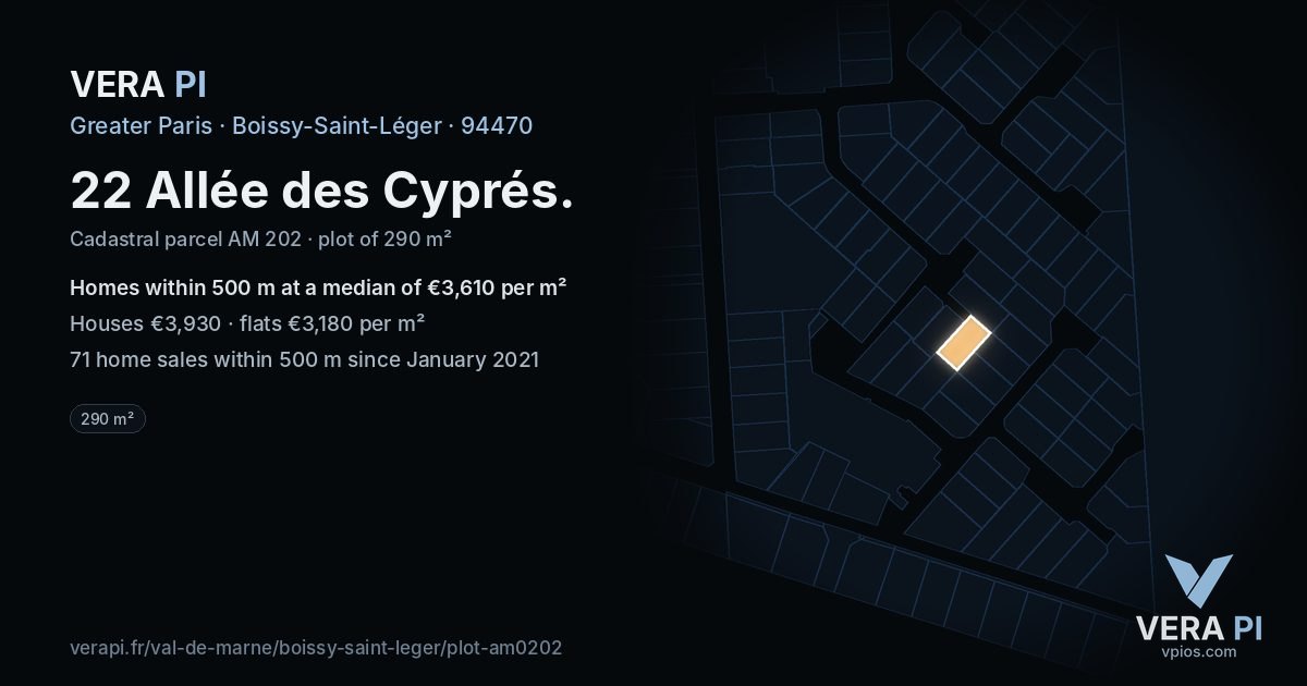 22 Allée des Cyprés, Boissy-Saint-Léger at night – the plot lit, the parcels around coloured by the prices near them