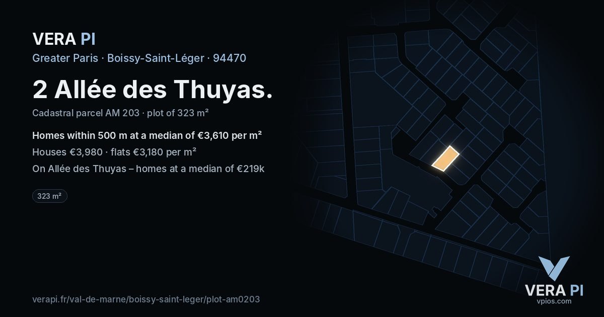 2 Allée des Thuyas, Boissy-Saint-Léger at night – the plot lit, the parcels around coloured by the prices near them