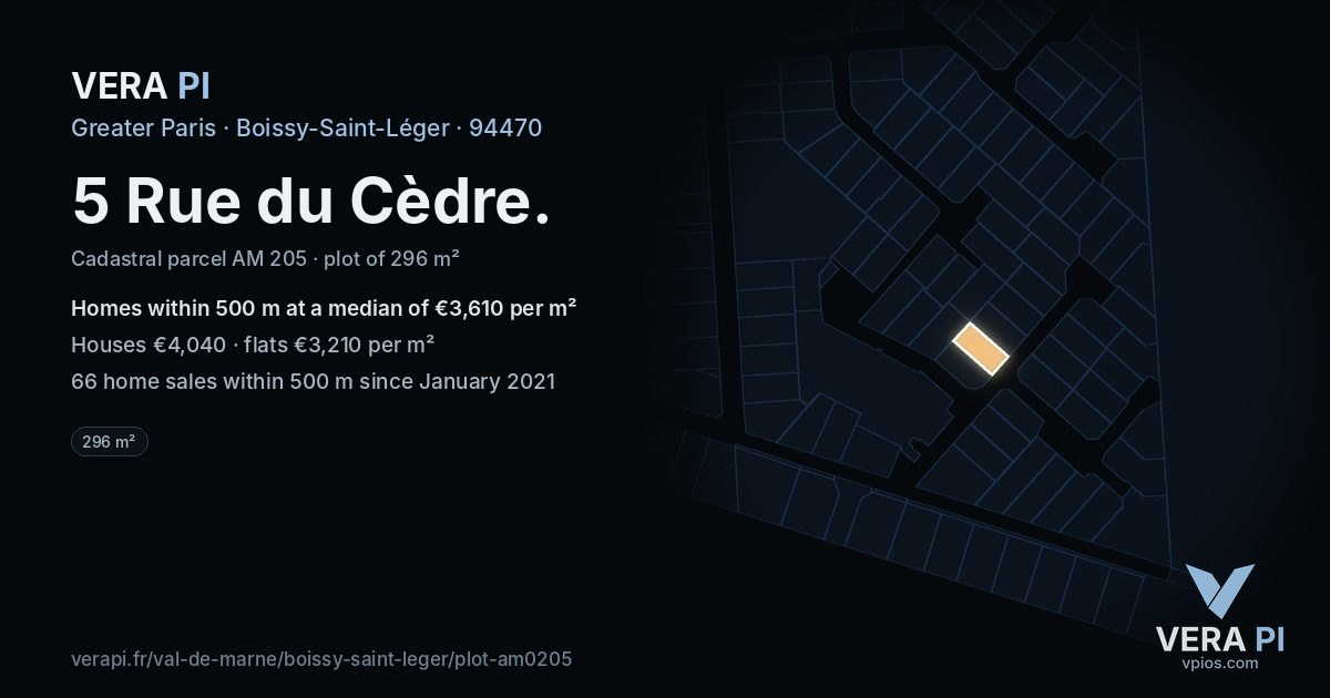 5 Rue du Cèdre, Boissy-Saint-Léger at night – the plot lit, the parcels around coloured by the prices near them