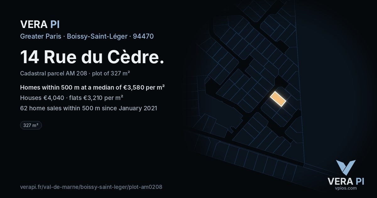 14 Rue du Cèdre, Boissy-Saint-Léger at night – the plot lit, the parcels around coloured by the prices near them