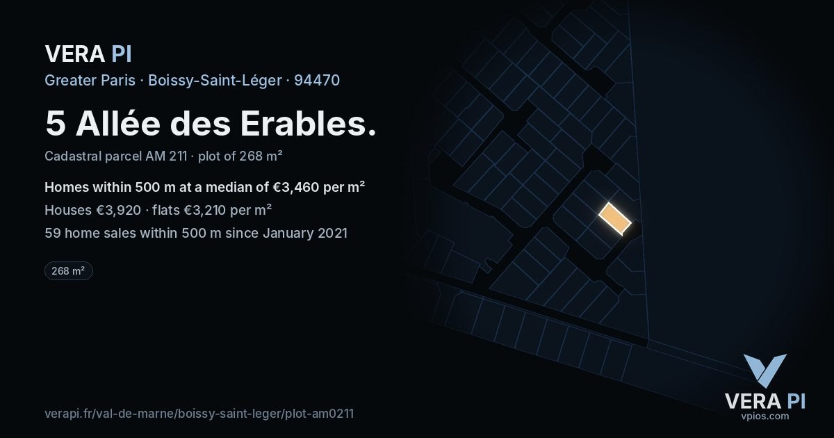 5 Allée des Erables, Boissy-Saint-Léger at night – the plot lit, the parcels around coloured by the prices near them