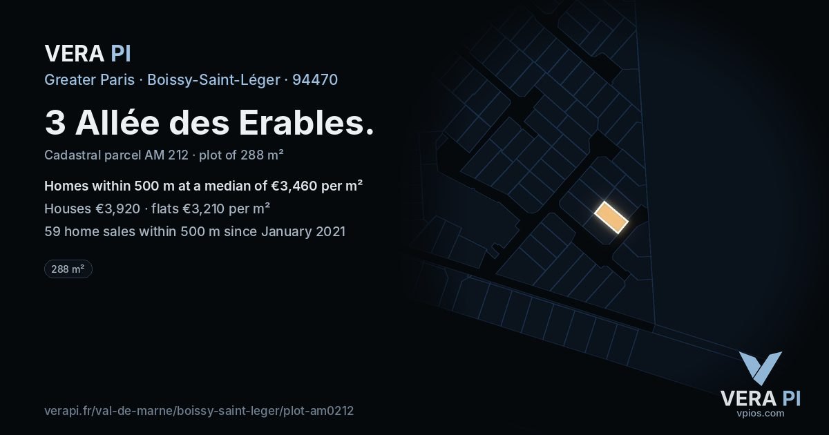 3 Allée des Erables, Boissy-Saint-Léger at night – the plot lit, the parcels around coloured by the prices near them