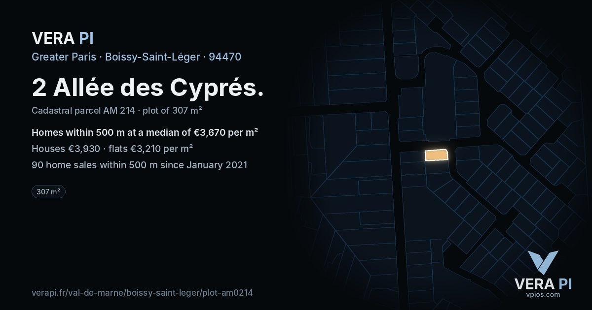 2 Allée des Cyprés, Boissy-Saint-Léger at night – the plot lit, the parcels around coloured by the prices near them
