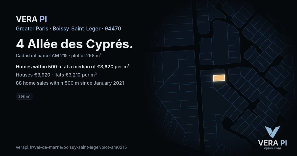 4 Allée des Cyprés, Boissy-Saint-Léger at night – the plot lit, the parcels around coloured by the prices near them