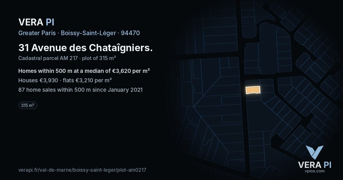 31 Avenue des Chataîgniers, Boissy-Saint-Léger at night – the plot lit, the parcels around coloured by the prices near them