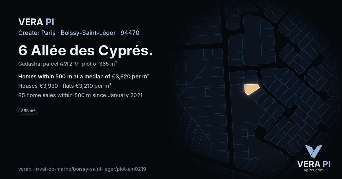 6 Allée des Cyprés, Boissy-Saint-Léger at night – the plot lit, the parcels around coloured by the prices near them
