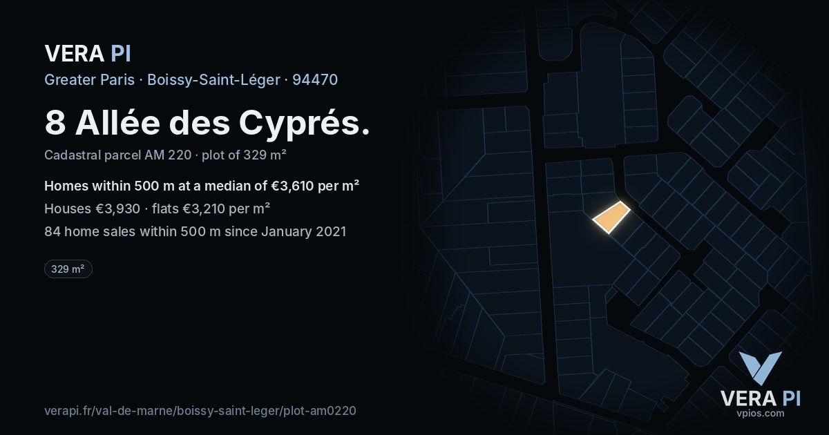 8 Allée des Cyprés, Boissy-Saint-Léger at night – the plot lit, the parcels around coloured by the prices near them