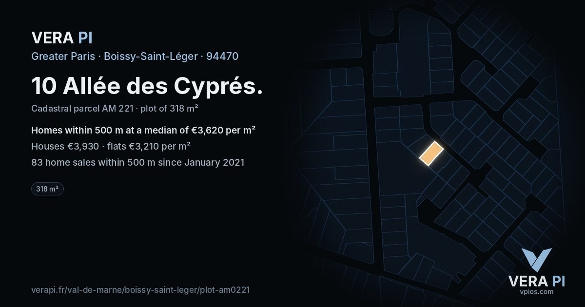 10 Allée des Cyprés, Boissy-Saint-Léger at night – the plot lit, the parcels around coloured by the prices near them