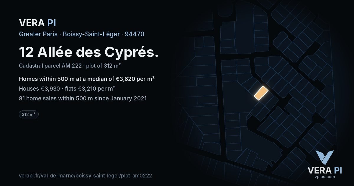 12 Allée des Cyprés, Boissy-Saint-Léger at night – the plot lit, the parcels around coloured by the prices near them