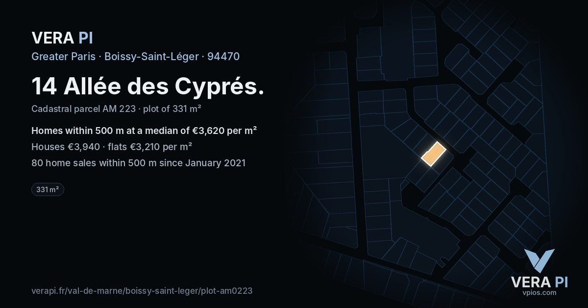 14 Allée des Cyprés, Boissy-Saint-Léger at night – the plot lit, the parcels around coloured by the prices near them