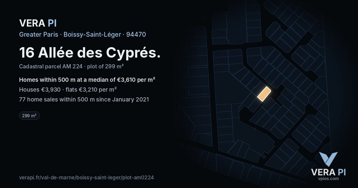 16 Allée des Cyprés, Boissy-Saint-Léger at night – the plot lit, the parcels around coloured by the prices near them
