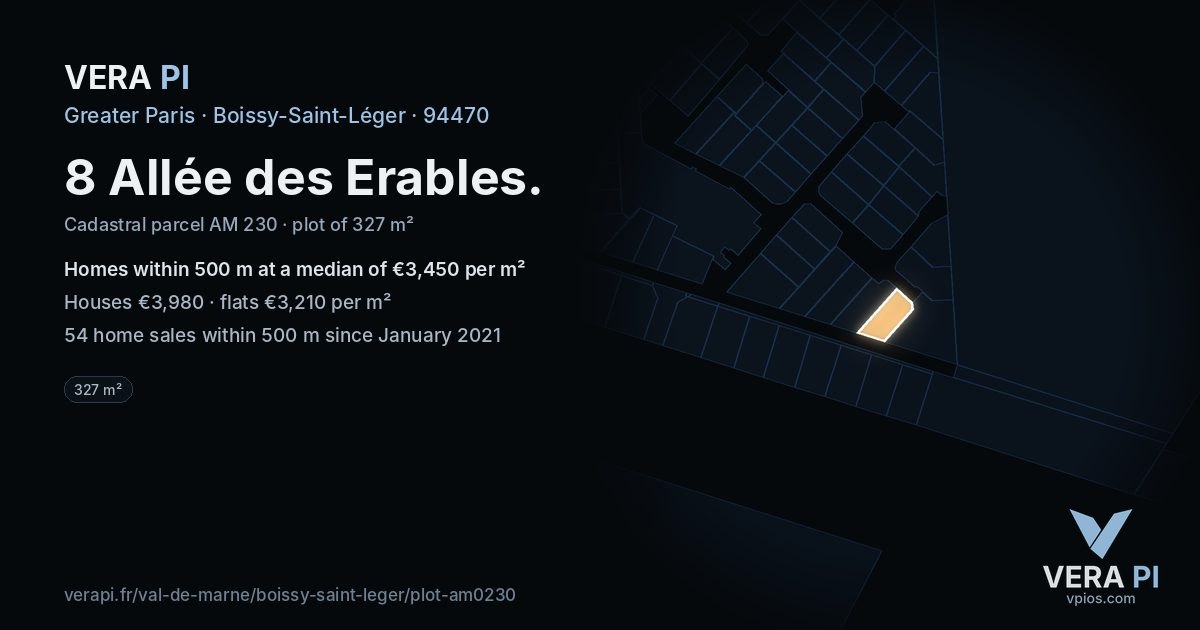 8 Allée des Erables, Boissy-Saint-Léger at night – the plot lit, the parcels around coloured by the prices near them