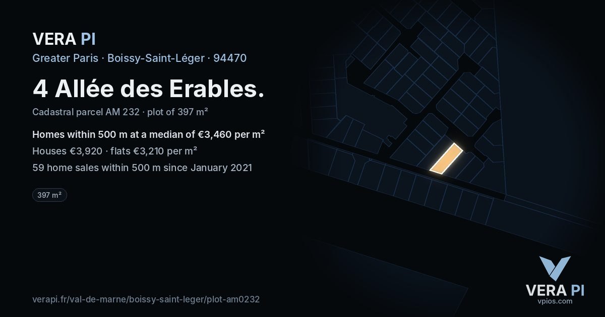 4 Allée des Erables, Boissy-Saint-Léger at night – the plot lit, the parcels around coloured by the prices near them