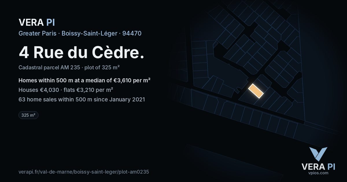 4 Rue du Cèdre, Boissy-Saint-Léger at night – the plot lit, the parcels around coloured by the prices near them