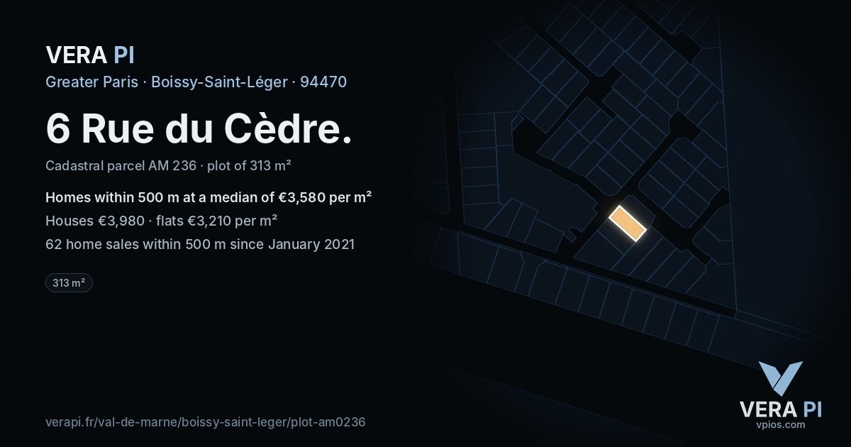 6 Rue du Cèdre, Boissy-Saint-Léger at night – the plot lit, the parcels around coloured by the prices near them