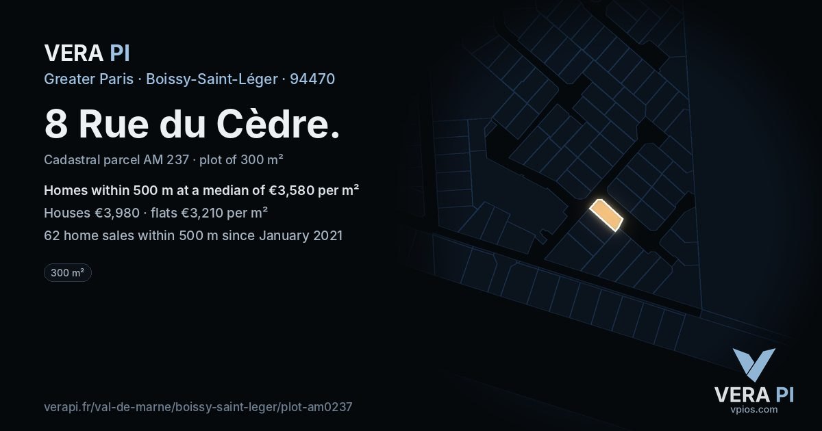 8 Rue du Cèdre, Boissy-Saint-Léger at night – the plot lit, the parcels around coloured by the prices near them