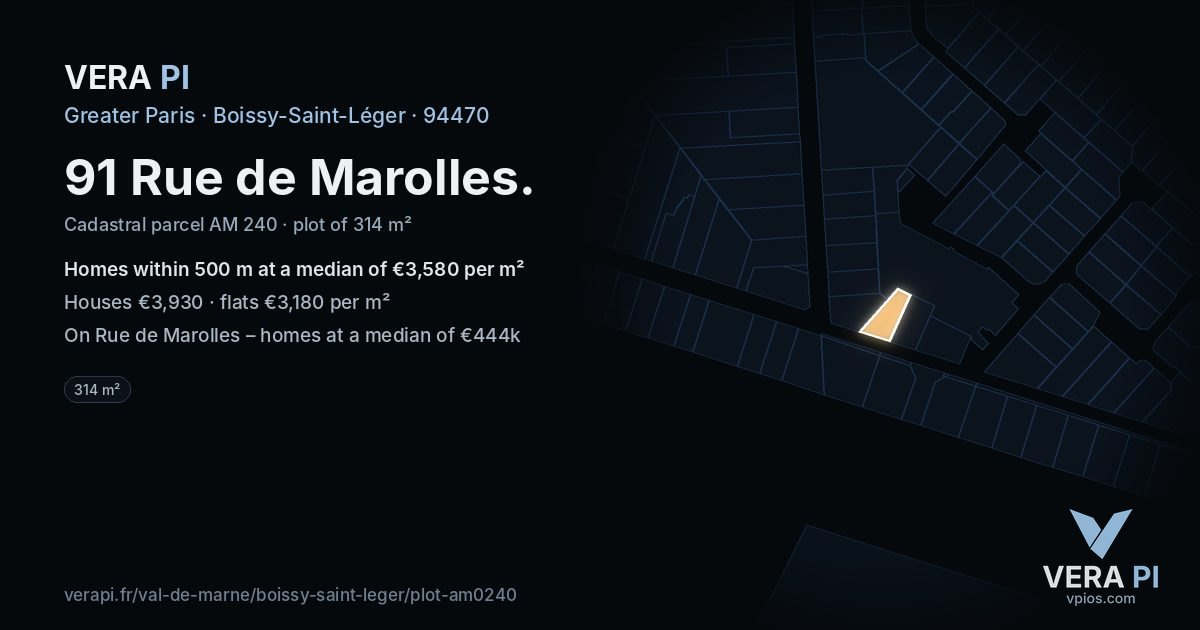 91 Rue de Marolles, Boissy-Saint-Léger at night – the plot lit, the parcels around coloured by the prices near them