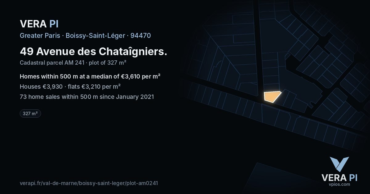 49 Avenue des Chataîgniers, Boissy-Saint-Léger at night – the plot lit, the parcels around coloured by the prices near them