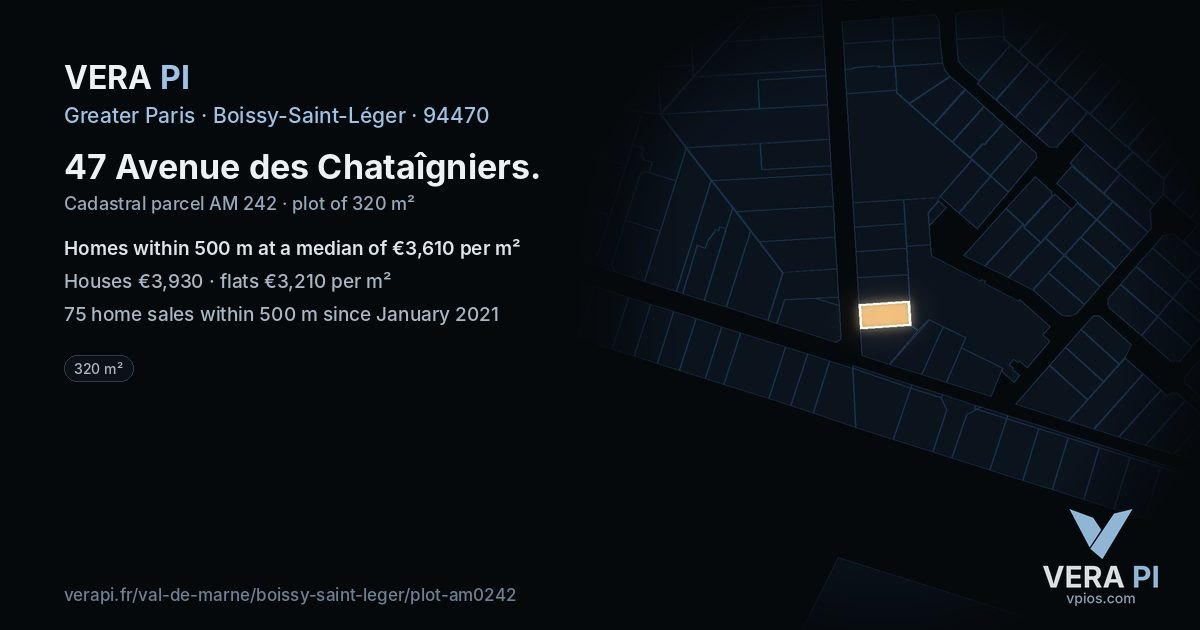 47 Avenue des Chataîgniers, Boissy-Saint-Léger at night – the plot lit, the parcels around coloured by the prices near them