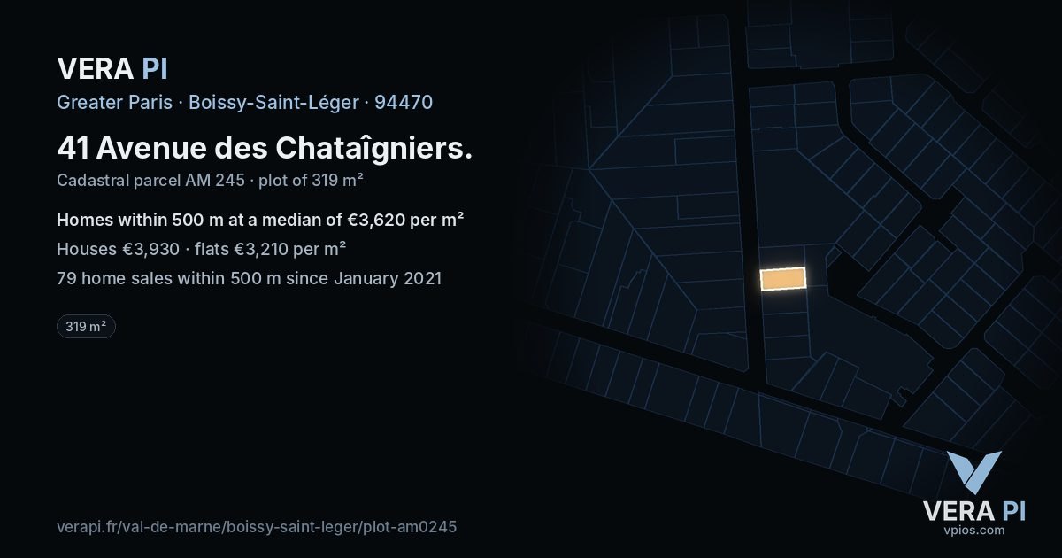 41 Avenue des Chataîgniers, Boissy-Saint-Léger at night – the plot lit, the parcels around coloured by the prices near them