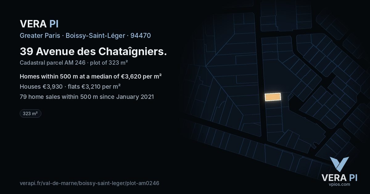 39 Avenue des Chataîgniers, Boissy-Saint-Léger at night – the plot lit, the parcels around coloured by the prices near them