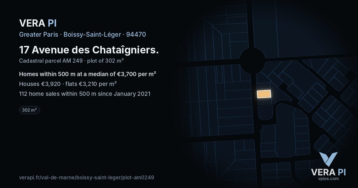 17 Avenue des Chataîgniers, Boissy-Saint-Léger at night – the plot lit, the parcels around coloured by the prices near them