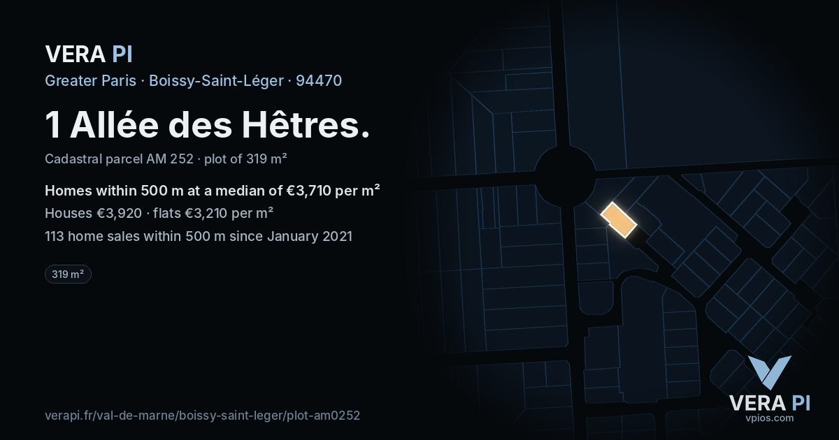 1 Allée des Hêtres, Boissy-Saint-Léger at night – the plot lit, the parcels around coloured by the prices near them