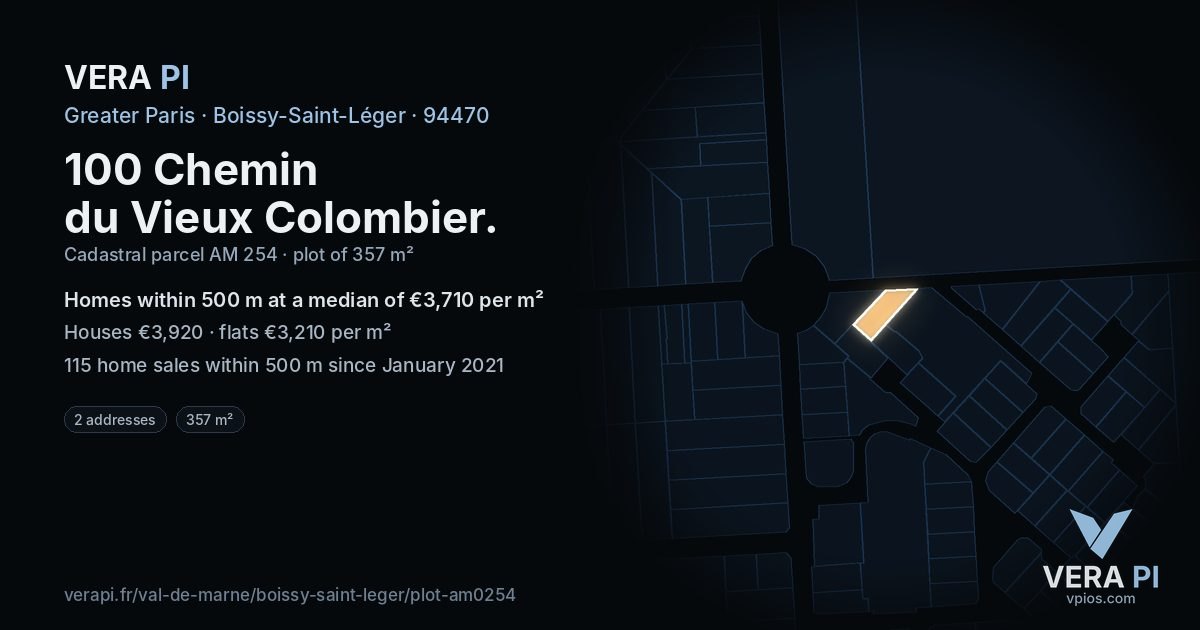 100 Chemin du Vieux Colombier, Boissy-Saint-Léger at night – the plot lit, the parcels around coloured by the prices near them