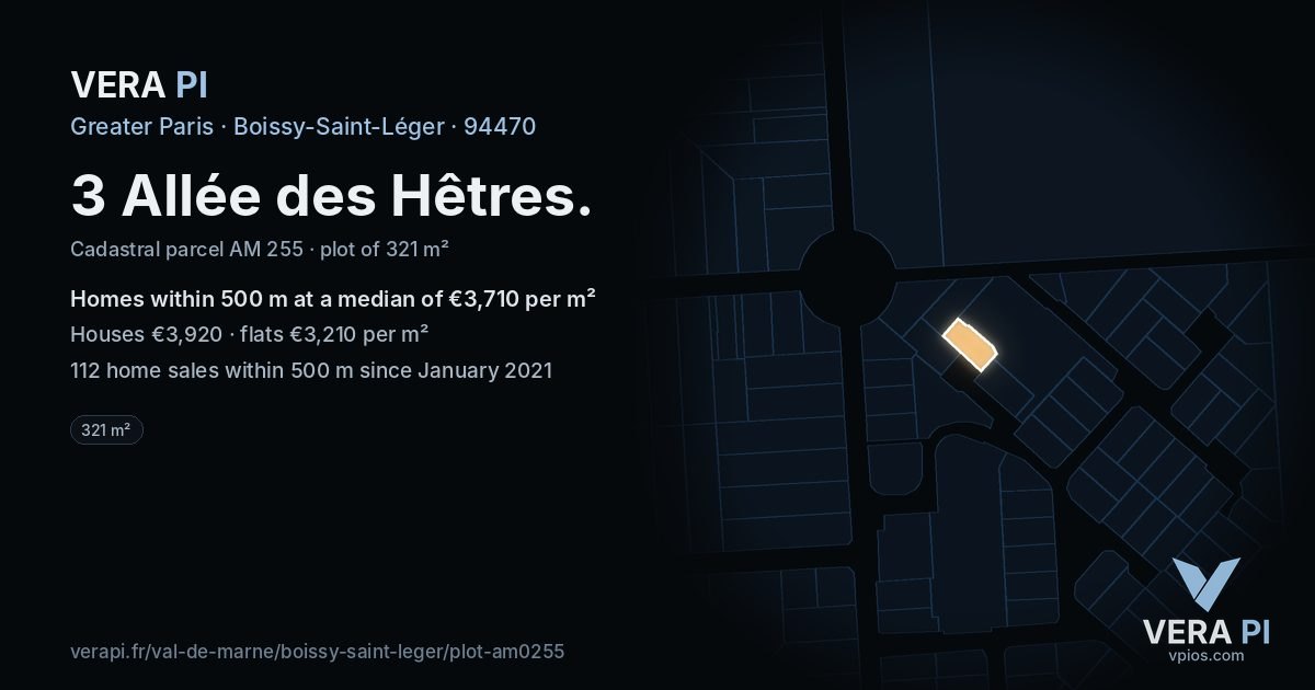3 Allée des Hêtres, Boissy-Saint-Léger at night – the plot lit, the parcels around coloured by the prices near them