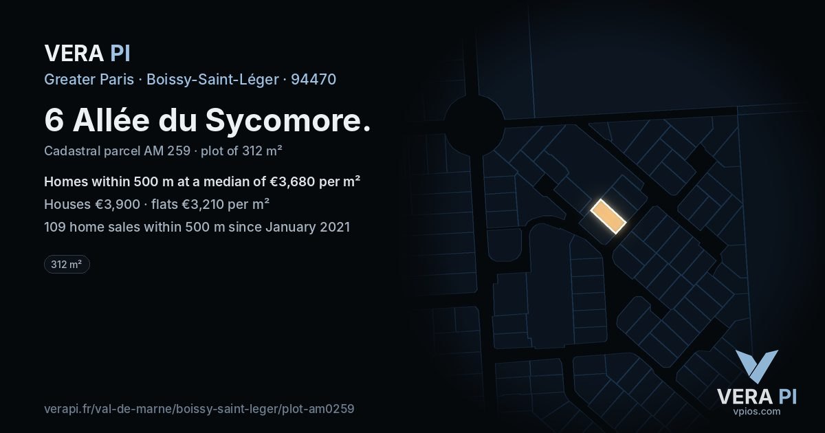 6 Allée du Sycomore, Boissy-Saint-Léger at night – the plot lit, the parcels around coloured by the prices near them