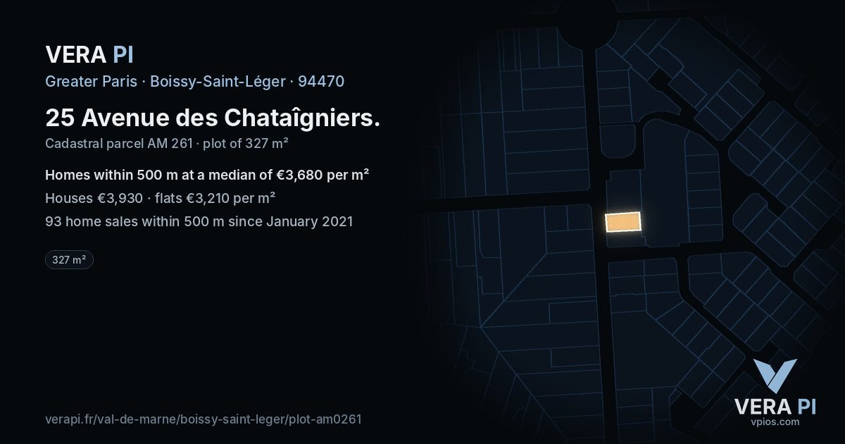 25 Avenue des Chataîgniers, Boissy-Saint-Léger at night – the plot lit, the parcels around coloured by the prices near them
