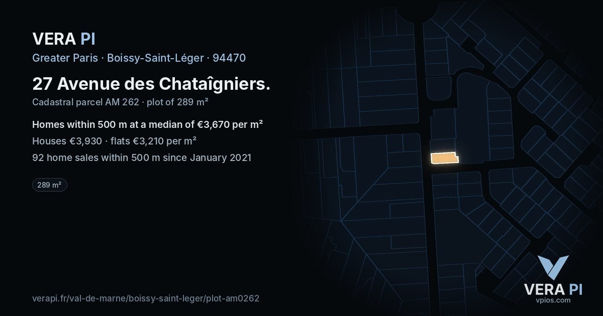 27 Avenue des Chataîgniers, Boissy-Saint-Léger at night – the plot lit, the parcels around coloured by the prices near them