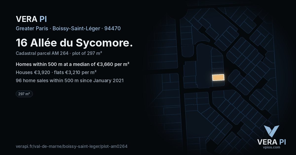 16 Allée du Sycomore, Boissy-Saint-Léger at night – the plot lit, the parcels around coloured by the prices near them