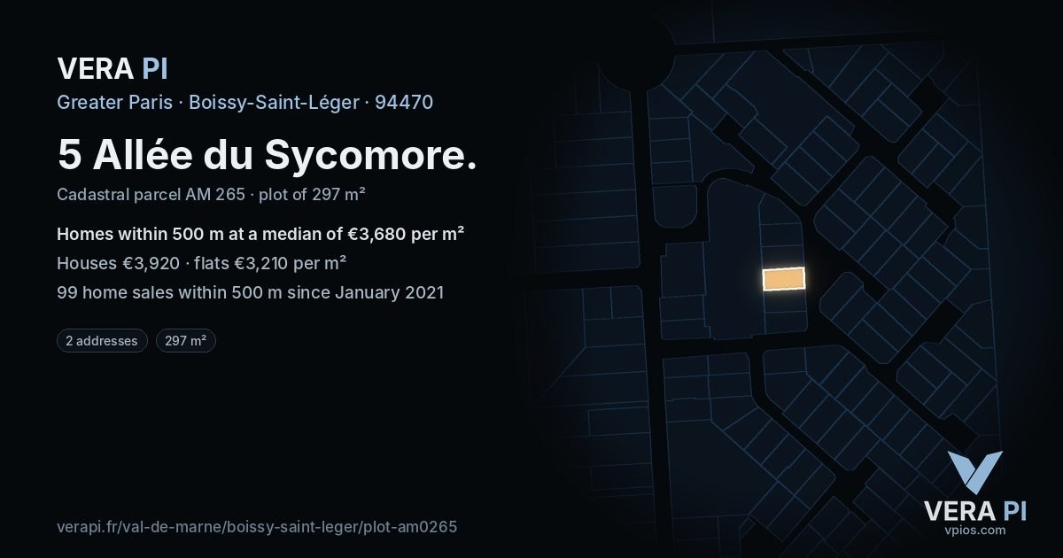 5 Allée du Sycomore, Boissy-Saint-Léger at night – the plot lit, the parcels around coloured by the prices near them