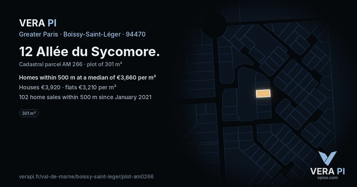 12 Allée du Sycomore, Boissy-Saint-Léger at night – the plot lit, the parcels around coloured by the prices near them