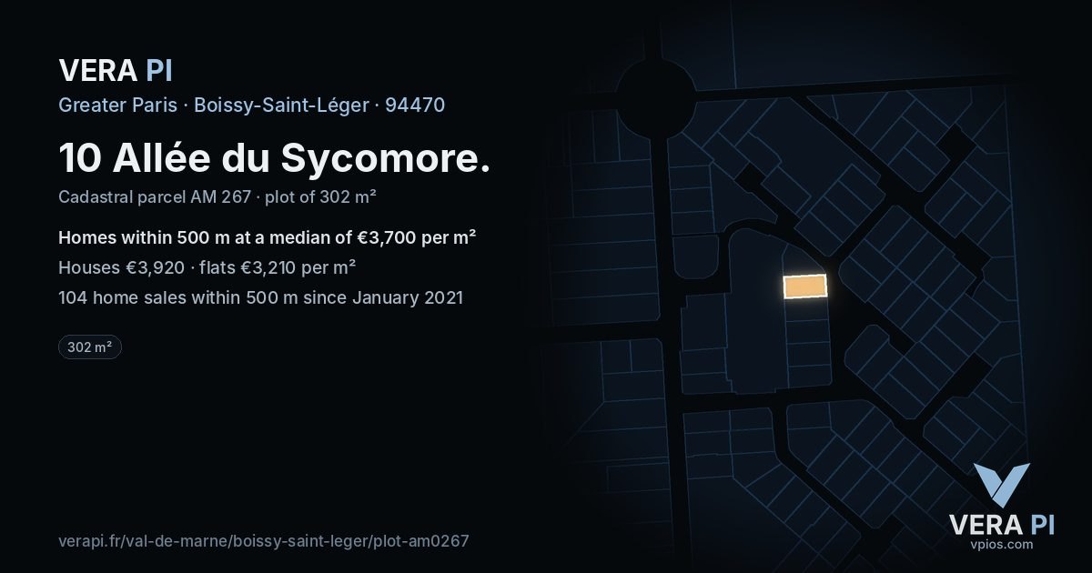 10 Allée du Sycomore, Boissy-Saint-Léger at night – the plot lit, the parcels around coloured by the prices near them