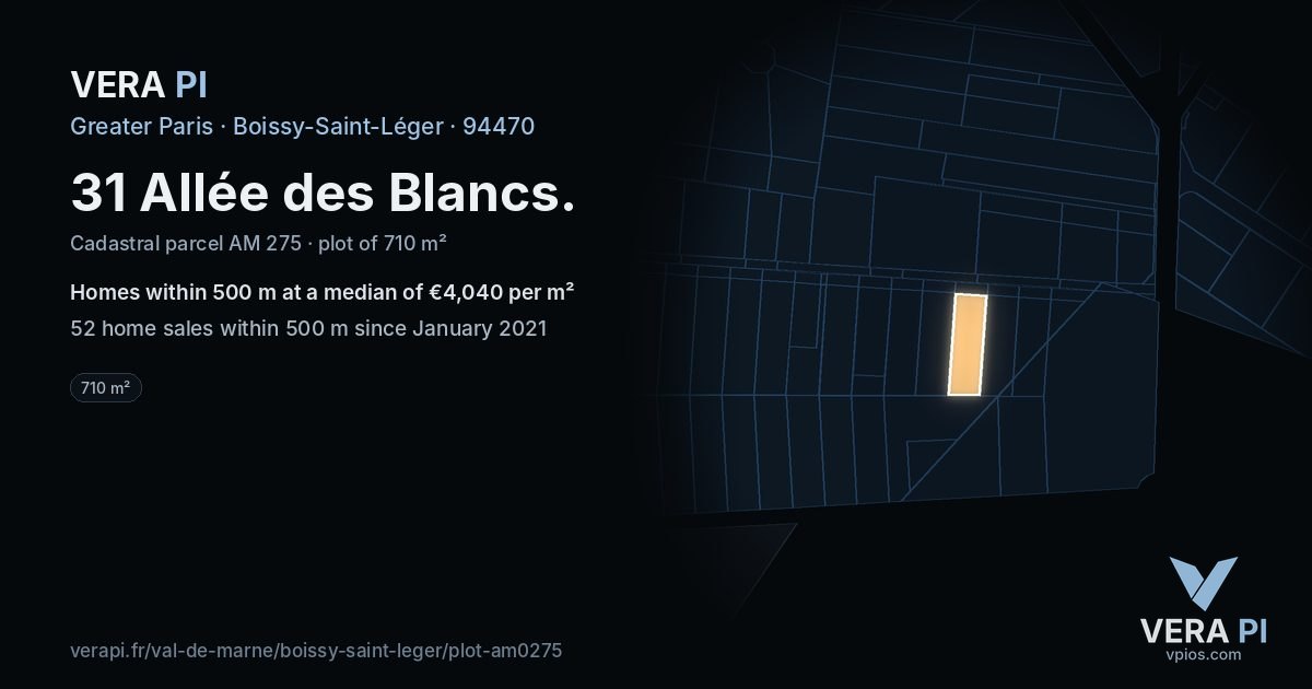 31 Allée des Blancs, Boissy-Saint-Léger at night – the plot lit, the parcels around coloured by the prices near them