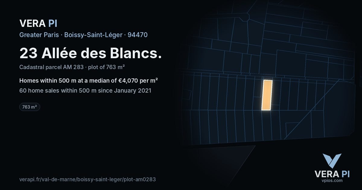 23 Allée des Blancs, Boissy-Saint-Léger at night – the plot lit, the parcels around coloured by the prices near them