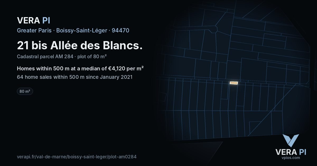 21 bis Allée des Blancs, Boissy-Saint-Léger at night – the plot lit, the parcels around coloured by the prices near them