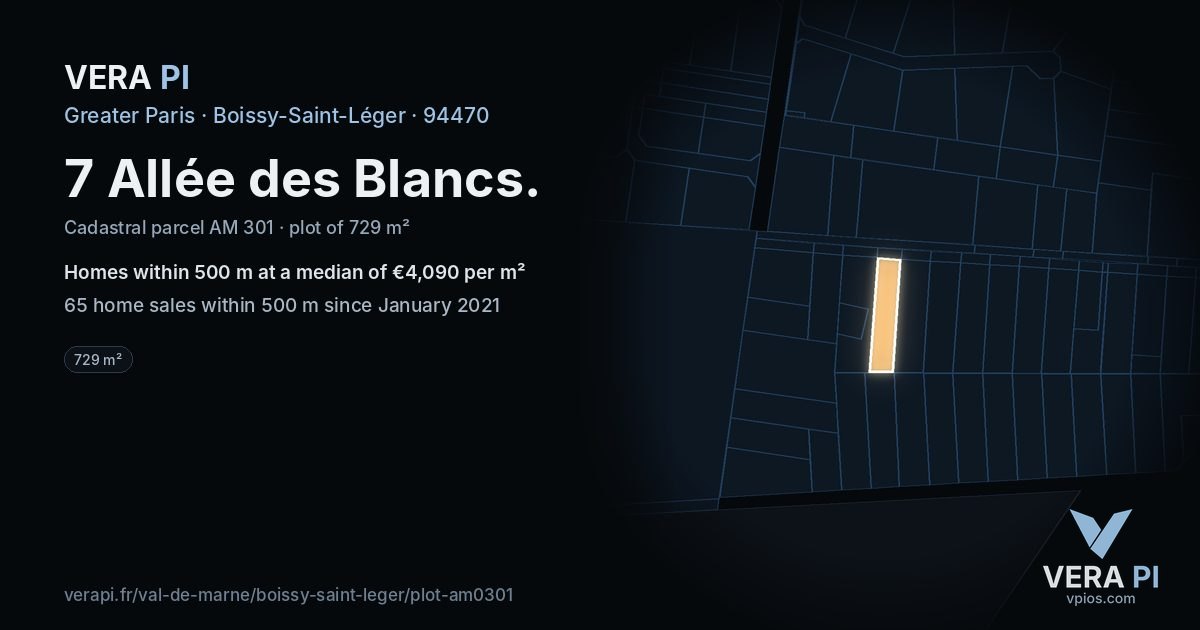7 Allée des Blancs, Boissy-Saint-Léger at night – the plot lit, the parcels around coloured by the prices near them