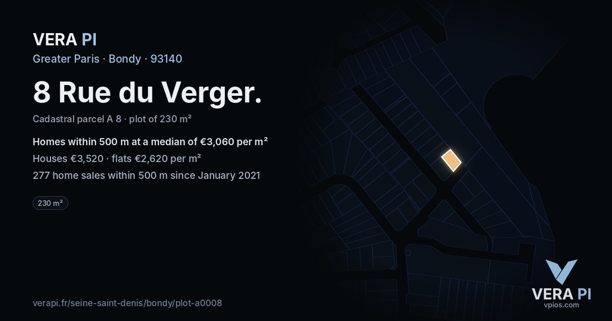 8 Rue du Verger, Bondy at night – the plot lit, the parcels around coloured by the prices near them