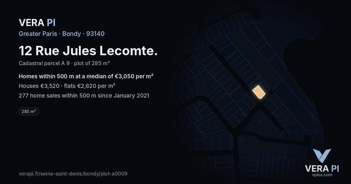 12 Rue Jules Lecomte, Bondy at night – the plot lit, the parcels around coloured by the prices near them