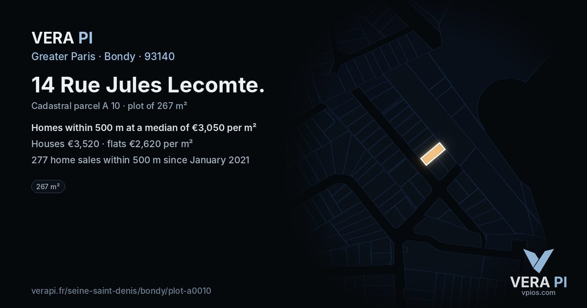 14 Rue Jules Lecomte, Bondy at night – the plot lit, the parcels around coloured by the prices near them