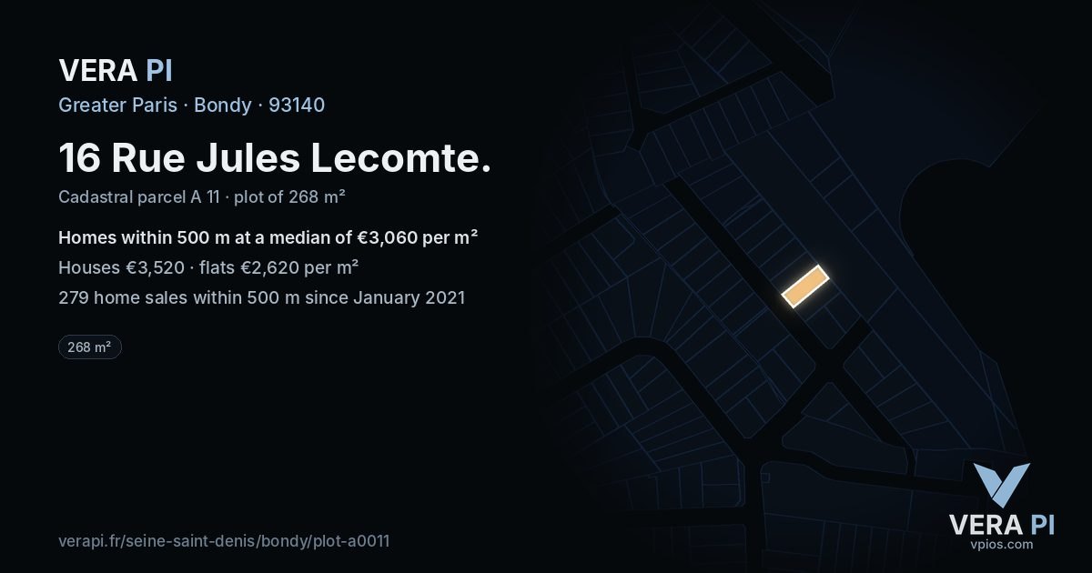 16 Rue Jules Lecomte, Bondy at night – the plot lit, the parcels around coloured by the prices near them