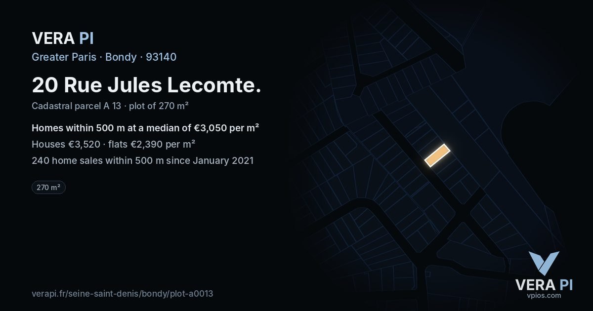 20 Rue Jules Lecomte, Bondy at night – the plot lit, the parcels around coloured by the prices near them